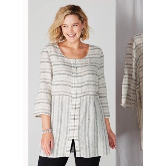 J Jill Purejill Womens S Linen Blend Striped Button Front Tunic Blouse - Picture 1 of 6